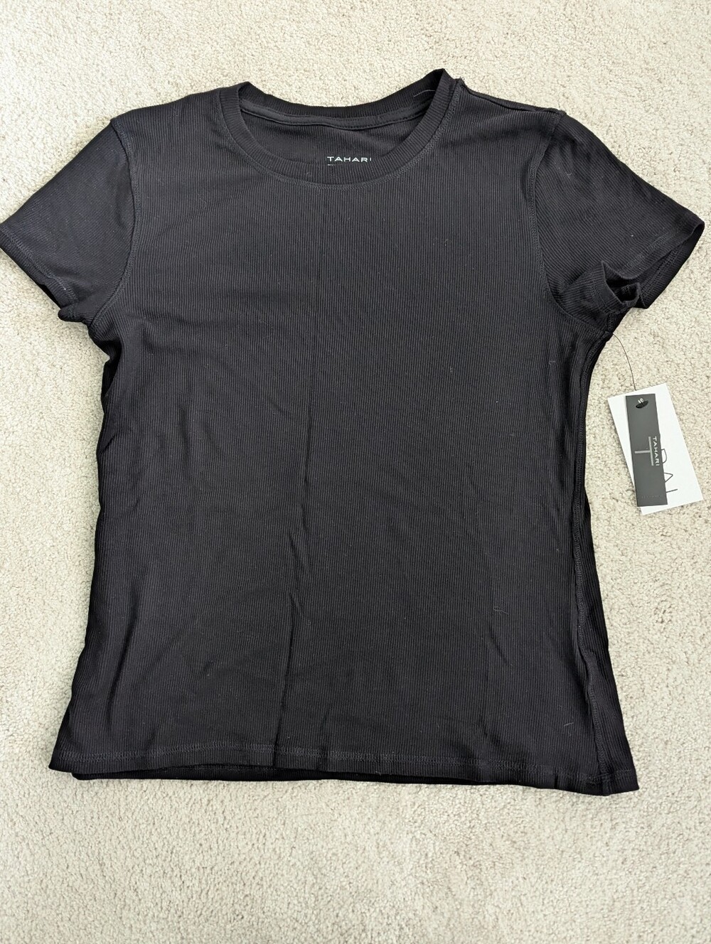 Tahari Black Ribbed Short Sleeve Crewneck Tee